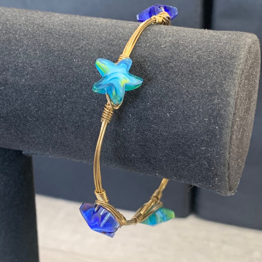 Handmade Gold Tone Wire Wrapped Bangle Bracelet Blue Green Glass Stars 8.5"